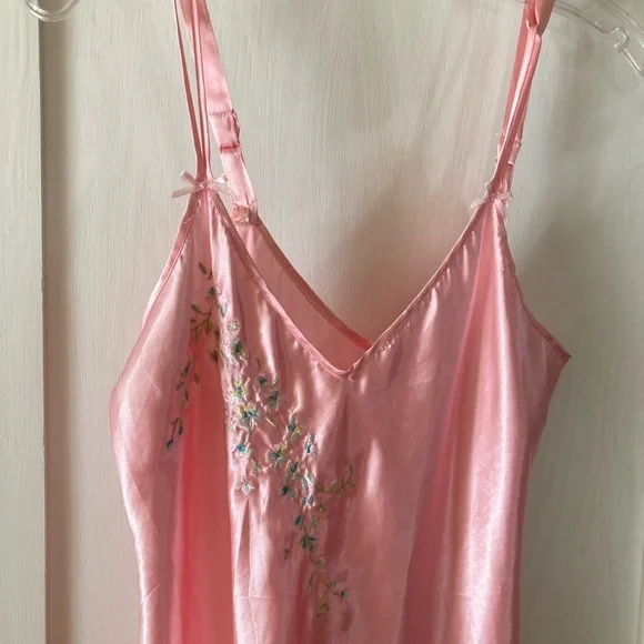 VTG Michael P. Pink Satin Slip Nightgown with Floral Accent - Picture 2 of 6